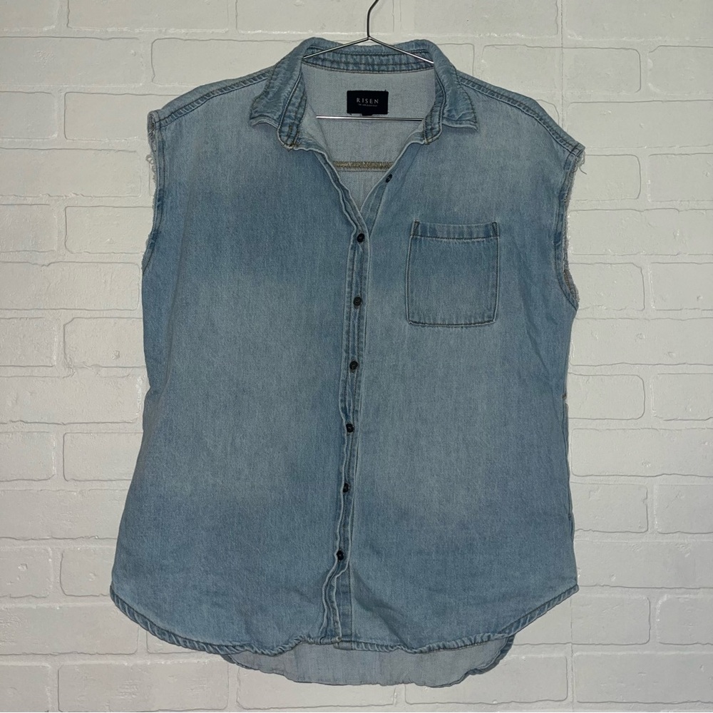 RISEN Womens Jean Denim Shirt Sleeveless Denim Button-Up Shirt Casual Small